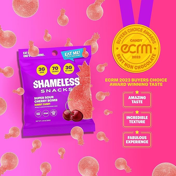 Shameless Snacks Sour Cherry Bomb Keto Gummies – 1.8 OZ – Better-for-You Snack